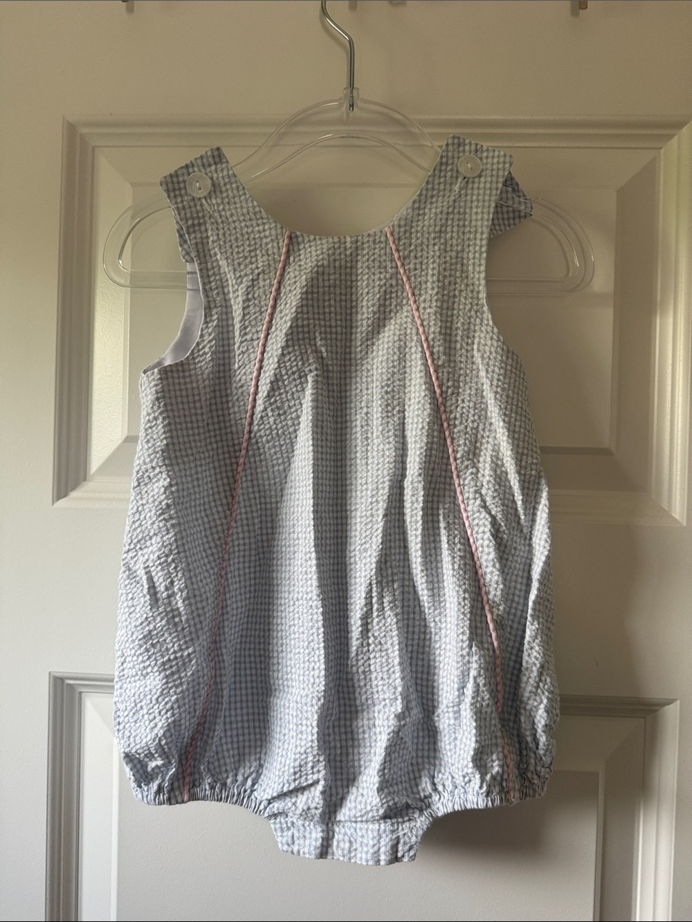 Little English Blue Gingham Baby Bubble Romper with Pink Trim, 12 month